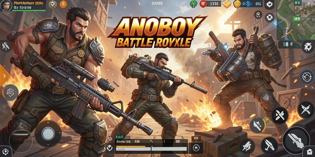 Tangkapan layar gameplay ANOBOY dengan aksi Battle Royale yang dinamis.