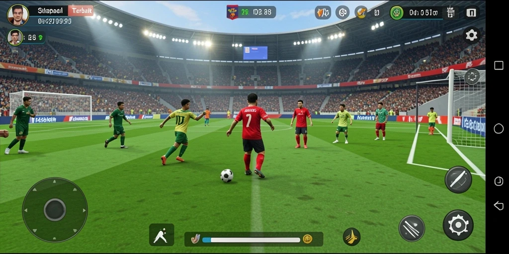 Tangkapan layar gameplay D06 menampilkan aksi pertandingan sepak bola yang seru.