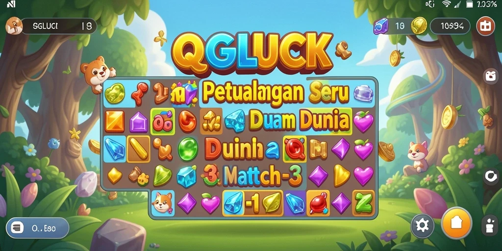 Tampilan gameplay QGLUCK saat mencocokkan permata match-3.